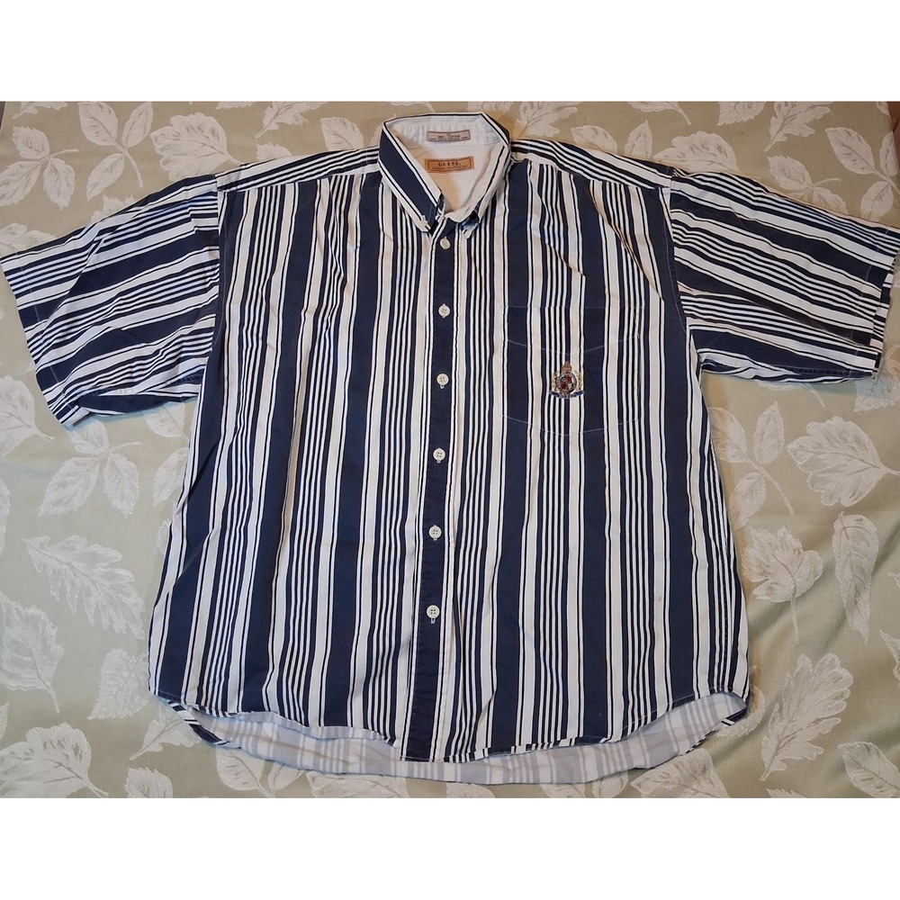 Vintage Guess Classic Sportswear Mens Navy White Striped Button Down Shirt M